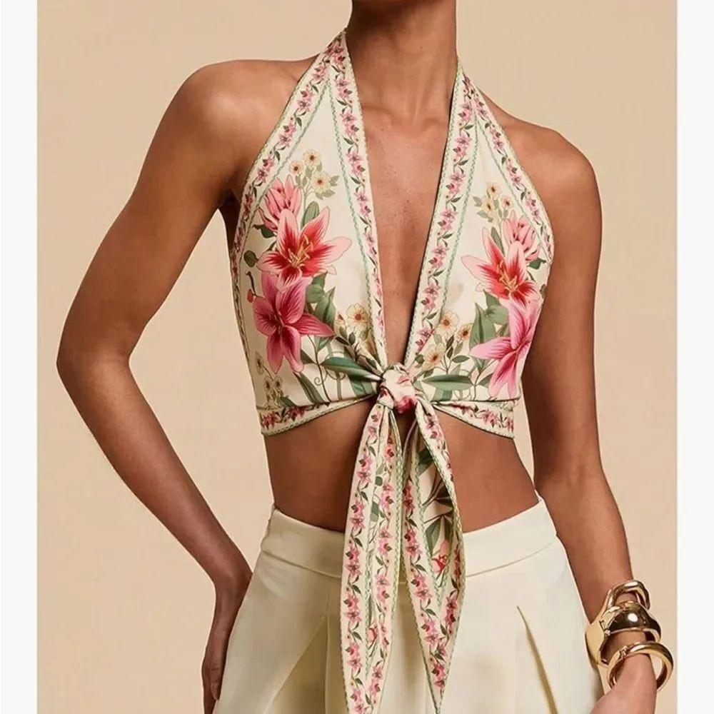 Floral Halter Tie-Front Top